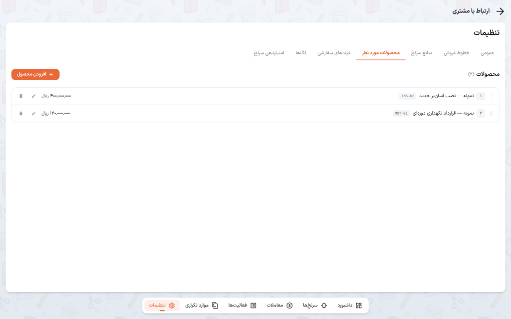 زیربخش محصولات مورد نظر — فهرست «محصولات» با کد و قیمت پیش‌فرض هر محصول